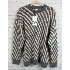 ZARA gray white mens striped round neck sweater pullover size XL NWT